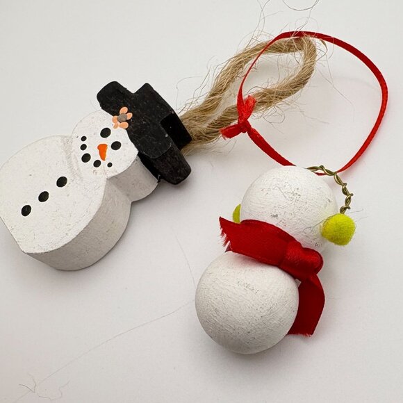 Vintage Wooden Snowman Christmas Tree Ornaments Set Of 2 Mini Rustic - Picture 4 of 7